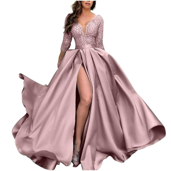 qucoqpe Women Glitter Sequin Prom Dress Elegant V-Neck Long Sleeve Satin Mermaid High Side Slit Bridesmaid Dress Sparkly Stretch Long Formal Wedding Guest Party Dress Gown