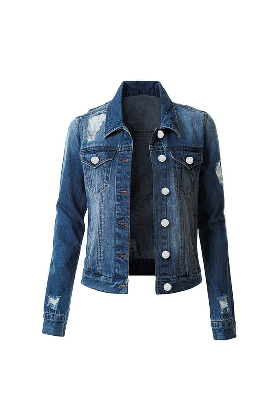 Women Long Sleeve Button Denim Jacket Distressed Ripped Jean Coat on Clearance