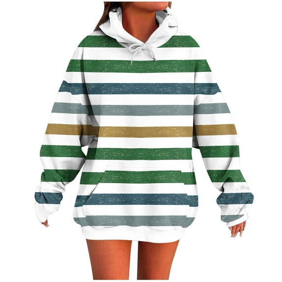 qucoqpe Women Long Sleeve Color Block Striped Print Hooded Sweatshirt Longline Pullover Blouse with Kangaroo Pocket Casual Loose Fitting Tunic Top