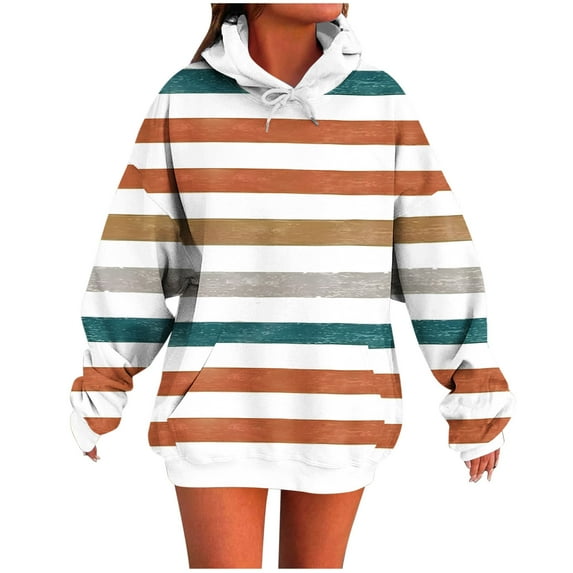 qucoqpe Women Long Sleeve Color Block Striped Print Hooded Sweatshirt Longline Pullover Blouse with Kangaroo Pocket Casual Loose Fitting Tunic Top