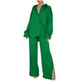 thumbnail image 1 of qucoqpe Women Pleated 2 Piece Pants Outfits Casual Loose Button Shirt Blouse Top Long Wide Leg Pants Set Jumpsuit on Clearance, 1 of 1