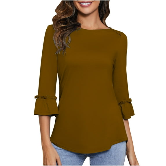 qucoqpe Women Ruffle 3/4 Sleeve Tops Fashion Solid Color Crew Neck Shirts Summer Casual Loose Fit Tunic Blouses