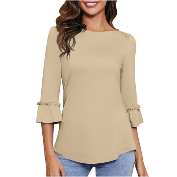qucoqpe Women Ruffle 3/4 Sleeve Tops Fashion Solid Color Crew Neck Shirts Summer Casual Loose Fit Tunic Blouses on Clearance