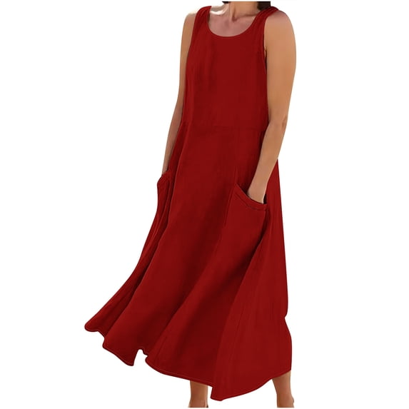 qucoqpe Women Summer Cotton Linen Dress Fashion Casual Solid U Neck Sleeveless Tank Dress Ruffle Hem Flowy Loose Beach Long Maxi Dress with Two Pockets