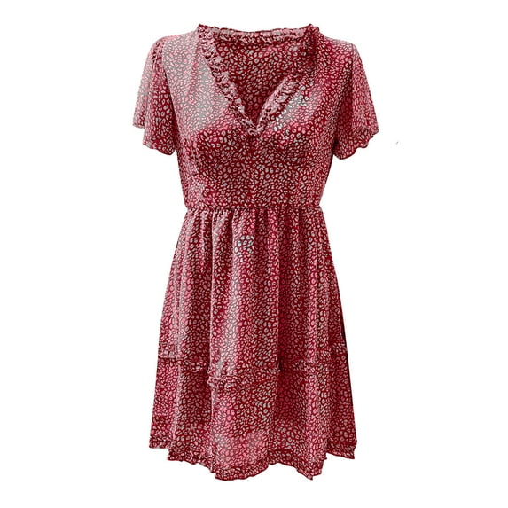 qucoqpe Women Summer Dress Long Casual Ruffle V Neck Short Sleeves Midi Dress Boho Floral Print Flowy Swing Beach Dress