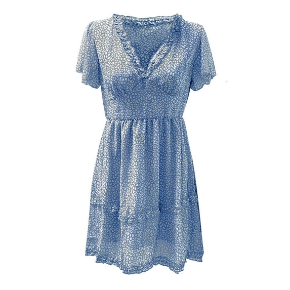qucoqpe Women Summer Dress Long Casual Ruffle V Neck Short Sleeves Midi Dress Boho Floral Print Flowy Swing Beach Dress