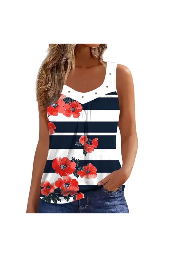Women Summer Plus Size Tank Tops Fashion Floral Printed V Neck Sleeveless Ruffle Hem Loose Cami Spaghetti Strap Tunic Blouses