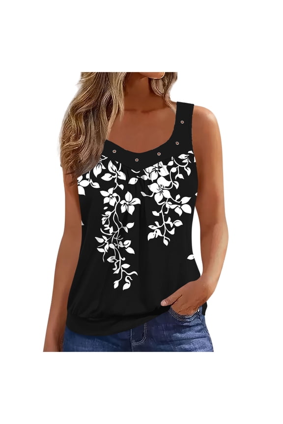 Women Summer Plus Size Tank Tops Fashion Floral Printed V Neck Sleeveless Ruffle Hem Loose Cami Spaghetti Strap Tunic Blouses