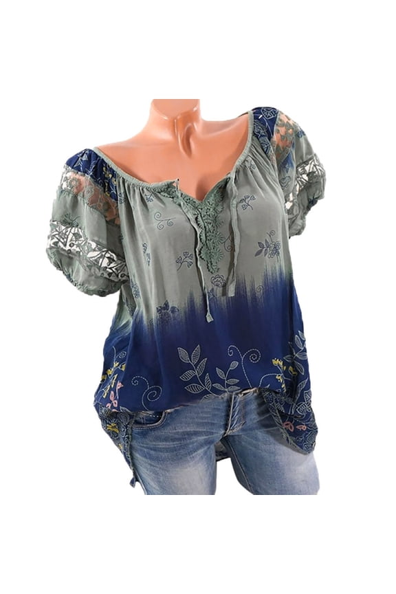 Women Summer Plus Size Tops Fashion Floral Printed Short Sleeve Tunic Blouse Casual V Neck Loose T Shirts