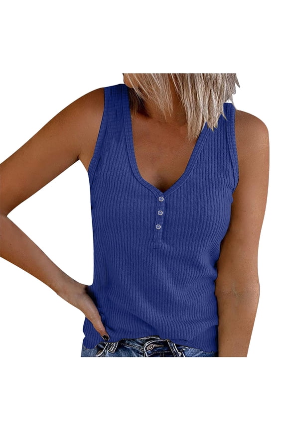 Women Summer Tank Tops Fashion Casual Loose Solid Color V Neck Sleeveless Button Lightweight Knitted Pullover Tops