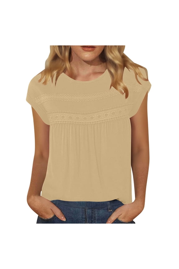 Women Summer Tops Fashion Casual Solid Color Crew Neck Short Sleeve Pleated Ruffle Hem T-shirts Loose Vacation Blouses