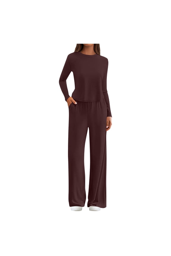 Women's 2 Piece Outfits Casual Long Sleeve Crewneck Tunic Wide Legs Pants Sweatsuit Fall Fashion Tracksuit Travel Pajama Lounge Sets
