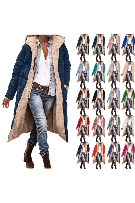 Women's 2-Sided Reversible Long Coat with Pockets Plus Size Zip Up Hooded Winter Jacket Loose Fit Casual Longline Padded Parka