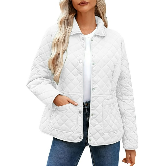 qucoqpe Women's 2025 Fall Winter Casual Fashion Long Sleeve Lapel Collar Push-button Hoodless Quilted Jacket Coat Outwear with Pockets