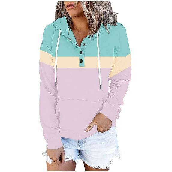 qucoqpe Women's 2025 Fall Winter Fashion Colorblock Patchwork Button Up Drawstring Sweatshirts with Kangaroo Pockets Long Sleeve Hooded Pullover Tops