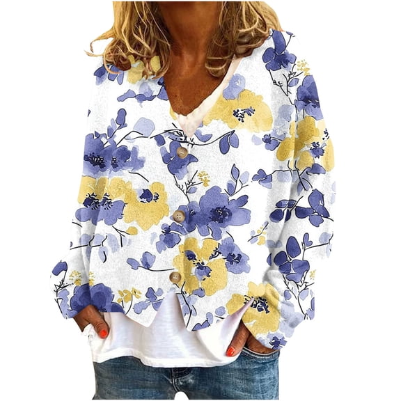 qucoqpe Women's 2025 Fall Winter Fashion Floral Printed Button V Neck Long Sleeve Sweaters Warm Fleece Comfy Flannel Cardigan Tops Outwear Winter Clothing for Women