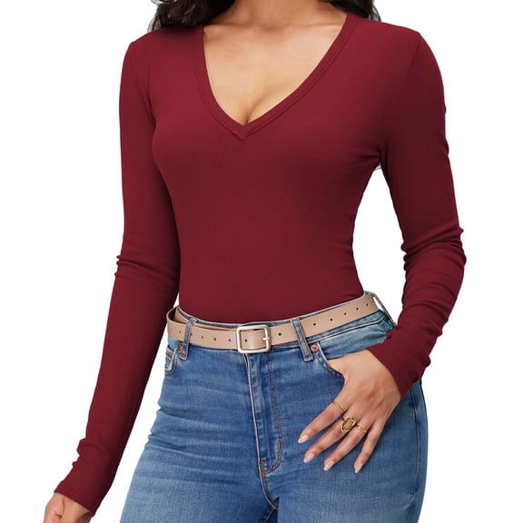 qucoqpe Women's 2025 Fall Winter Fashion Solid V Neck Long Sleeve Casual Slim Fit Knitted Sweater Tops