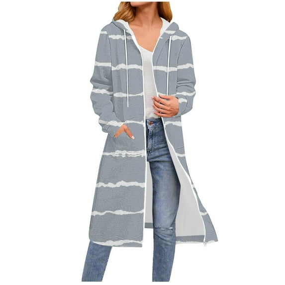 qucoqpe Women's 2025 Fall Winter Fashion Striped Printed Long Sleeve Hooded Long Sweatshirts Full Zippered Drawstring Outwear Coats with Pockets