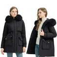 thumbnail image 1 of qucoqpe Women's 2025 Fall Winter Spring Fashion Causal Button Zip Up Long Sleeve Outerwears Long Down Jackets Furry Fleece Lined Hooded Coats with Flap Pockets, 1 of 5
