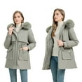 thumbnail image 1 of qucoqpe Women's 2025 Fall Winter Spring Fashion Causal Button Zip Up Long Sleeve Outerwears Long Down Jackets Furry Fleece Lined Hooded Coats with Flap Pockets, 1 of 5