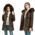 thumbnail image 1 of qucoqpe Women's 2025 Fall Winter Spring Fashion Causal Button Zip Up Long Sleeve Outerwears Long Down Jackets Furry Fleece Lined Hooded Coats with Flap Pockets, 1 of 5