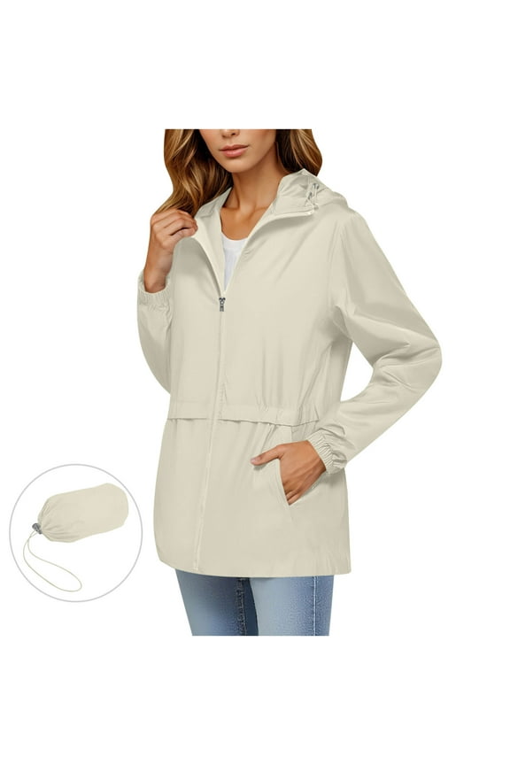 Women's 2025 Winter Fashion Solid Outdoor Adjustable Drawstring Hooded Coats Long Sleeve Zip Up Windproof Pocketed Workwear Jackets,with Storage Pouch