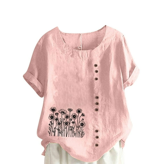 qucoqpe Women's 2026 Spring Summer Fashion Floral Printed Crewneck Short Sleeve Casual Button Up T-Shirts Loose Tee Blouse Tops