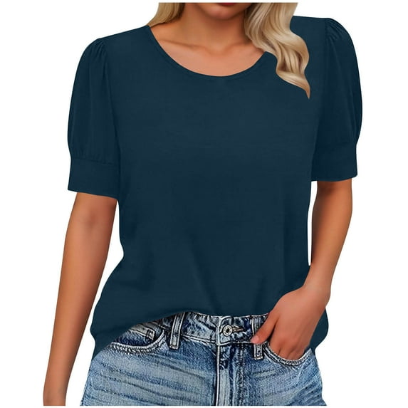 qucoqpe Women's 2026 Spring Summer Fashion Loose Solid Crewneck Pleated Short Sleeve Blouses Shirts Tops