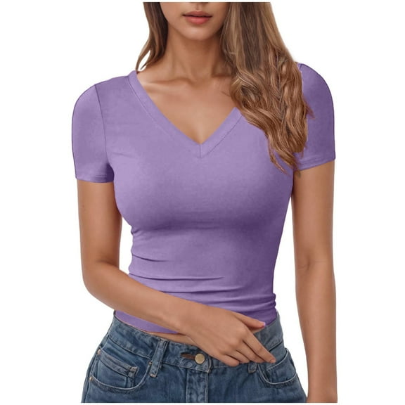 qucoqpe Women's 2026 Spring Summer Solid Color V Neck Short Sleeve Blouses Tops Fashion Casual Slim Fit Pullover Tee