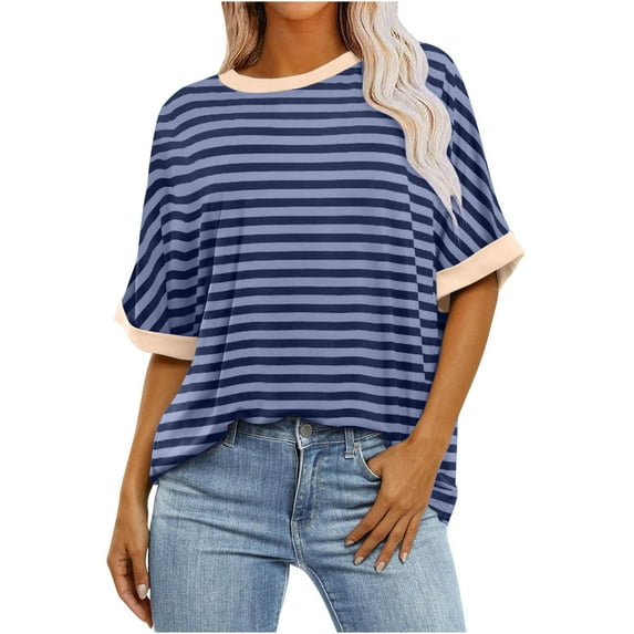 qucoqpe Women's 2026 Summer Tops Fashion Casual Striped Patchwork Crewneck Short Sleeve T-Shirts Loose Tunic Blouses