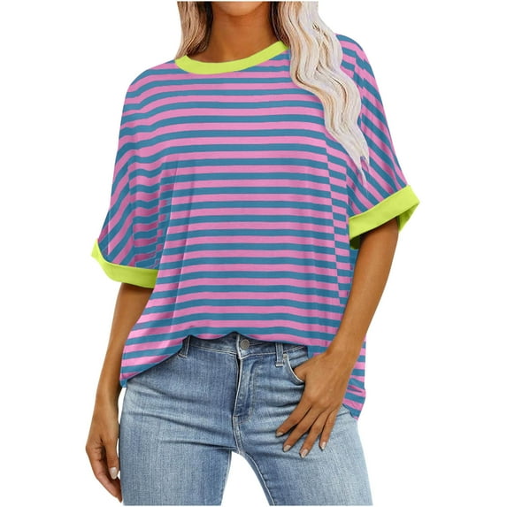 qucoqpe Women's 2026 Summer Tops Fashion Casual Striped Patchwork Crewneck Short Sleeve T-Shirts Loose Tunic Blouses