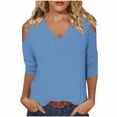 thumbnail image 1 of qucoqpe Women's 3/4 Sleeve Tops Solid Color Fashion Cold Shoulder Comfy V-Neck Shirts Casual Loose Tunics Blouse, 1 of 5