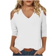 thumbnail image 1 of qucoqpe Women's 3/4 Sleeve Tops Solid Color Fashion Cold Shoulder Comfy V-Neck Shirts Casual Loose Tunics Blouse, 1 of 5