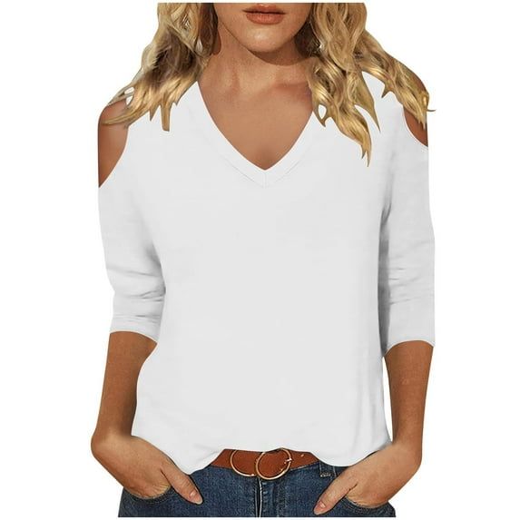 qucoqpe Women's 3/4 Sleeve Tops Solid Color Fashion Cold Shoulder Comfy V-Neck Shirts Casual Loose Tunics Blouse