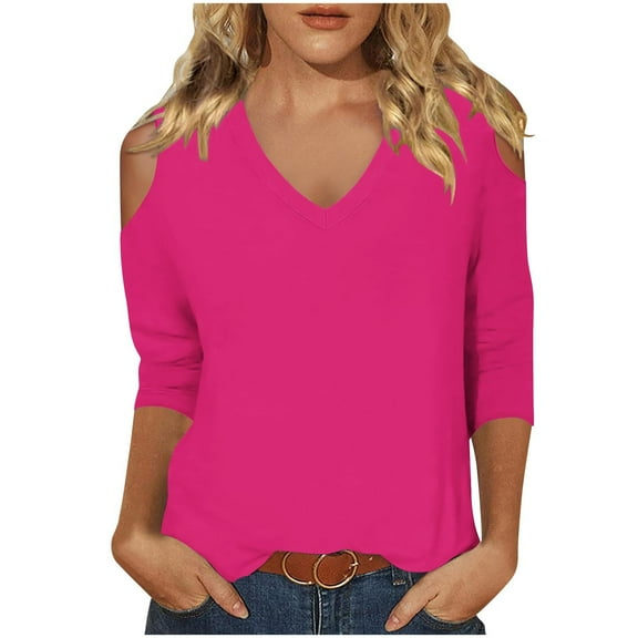 qucoqpe Women's 3/4 Sleeve Tops Solid Color Fashion Cold Shoulder Comfy V-Neck T-shirts Casual Loose Tunics Blouse