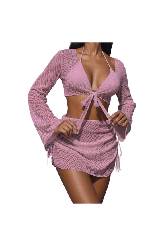 Women's 4 Piece Swimsuit Fashion Solid Color Bikini Set with Strap Bathing Suits Beach Vacation Sets with Fishnet Cover Up Top & Skirt