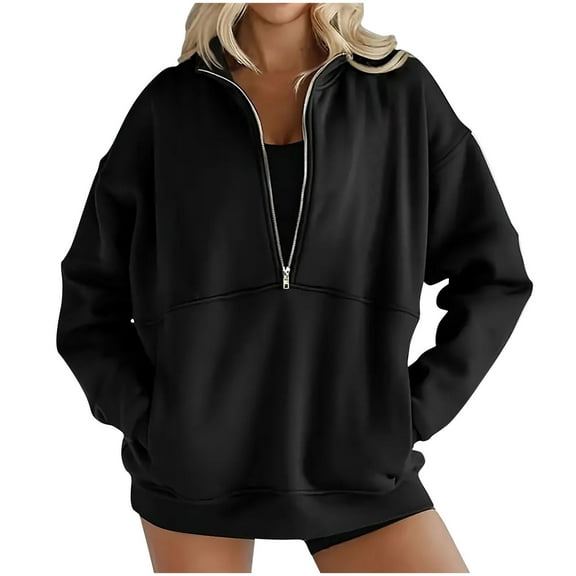 qucoqpe Women's Athletic Collar Half-Zip Pullover Sweatshirts Casual Long Sleeve Pocket Sweatshirt for Gym Running Daily Wear Black L