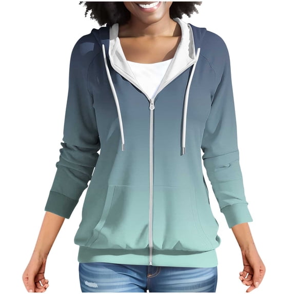 qucoqpe Women's Basic Zip-Up Hoodie Fall Fashion Gradient Print Raglan Sleeve Hooded Sweatshirt Casual Long Sleeve Jacket with Pockets