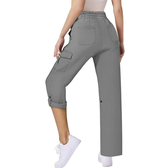 qucoqpe Women's Casual Cargo Hiking Pants Trendy Stretch Elastic Waist Wide Leg Roll-Up Cargo Camping Travel Pants with Multi-Pocket Gray XL