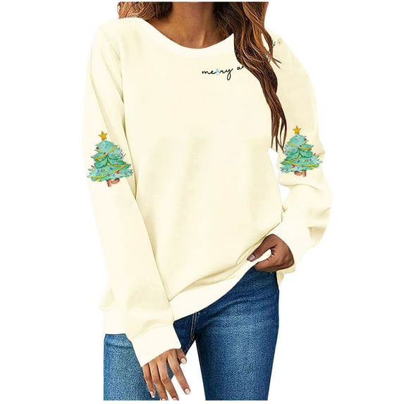 qucoqpe Women's Casual Christmas Tree Print Crew Neck Christmas Sweatshirt Loose Soft Winter Warm Long Sleeve Pullover Tops Christmas Gifts for Women