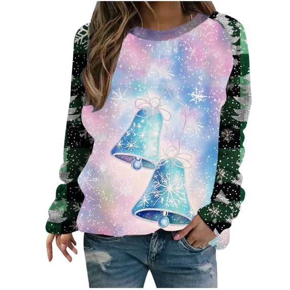 qucoqpe Women's Casual Christmas Tree Print Crew Neck Warm Fleece Christmas Sweatshirt Loose Soft Warm Fleece Long Sleeve Pullover Tops Christmas Gifts for Women