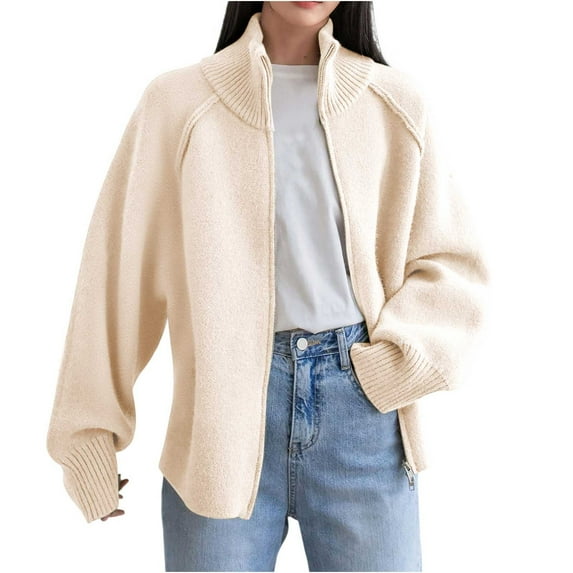 qucoqpe Women's Casual Long Sleeve Knitted Sweaters Fall Winter Oversized Zip-Up Stand Collar Cardigan Outerwear Lightweight Sweater Jacket
