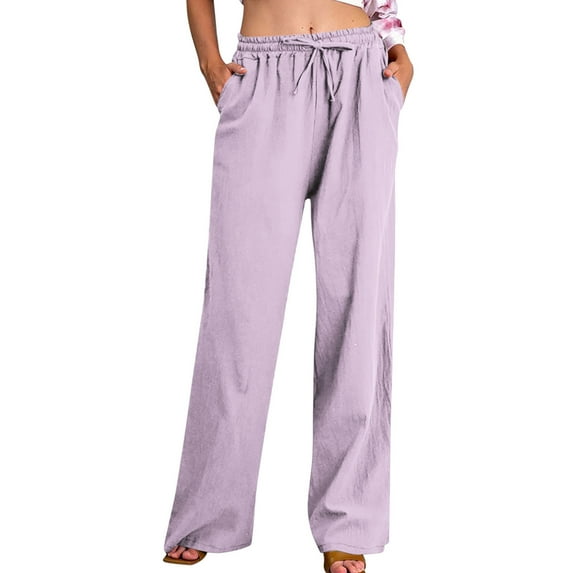 qucoqpe Women's Casual Loose Fit Drawstring Wide Leg Pants Breathable Elastic Waist Cotton Linen High Waist Trousers with Side and Back Pockets Purple 2XL