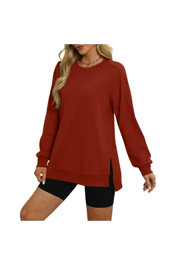 Women's Casual Split Hem Sweatshirt Oversized Crew Neck Long Sleeve Solid Color Pullover Top Trendy Streetwear Brown L
