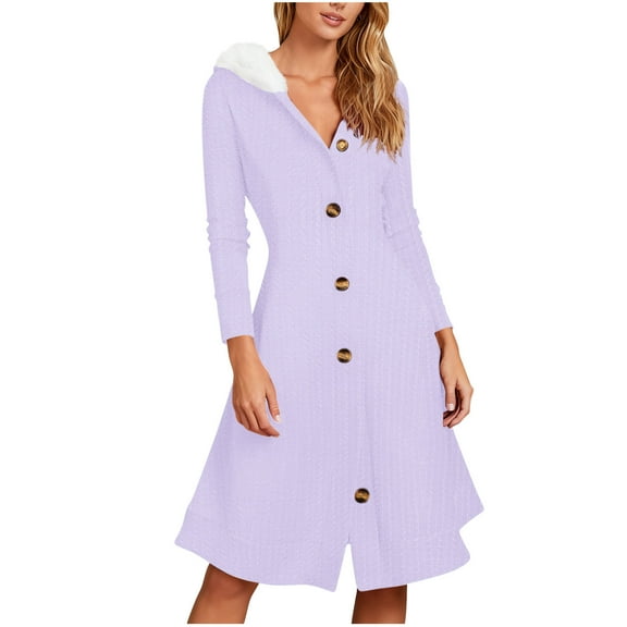 qucoqpe Women's Christmas Hooded Jacquard Dress Fall Winter Long Sleeve Button Down Faux Furs Trims Dress Casual Cocktail Dresses for Women