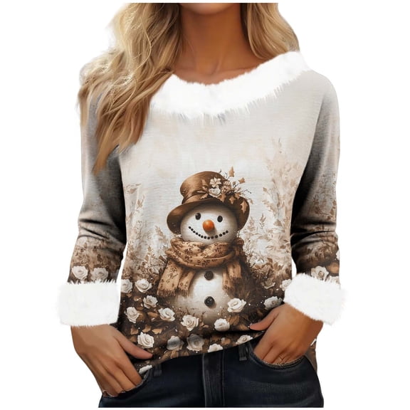 qucoqpe Women's Christmas Print Crewneck Sweatshirt, Funny Long Sleeve Knit Pullover Top