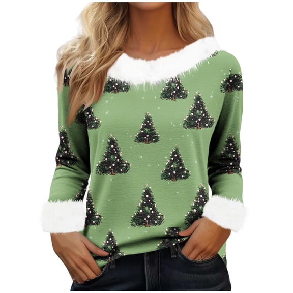 qucoqpe Women's Christmas Print Crewneck Sweatshirt, Funny Long Sleeve Knit Pullover Top