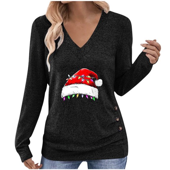 qucoqpe Women's Christmas Print Pullover, Long Sleeve Shirts for Women Casual Festive Holiday Tops