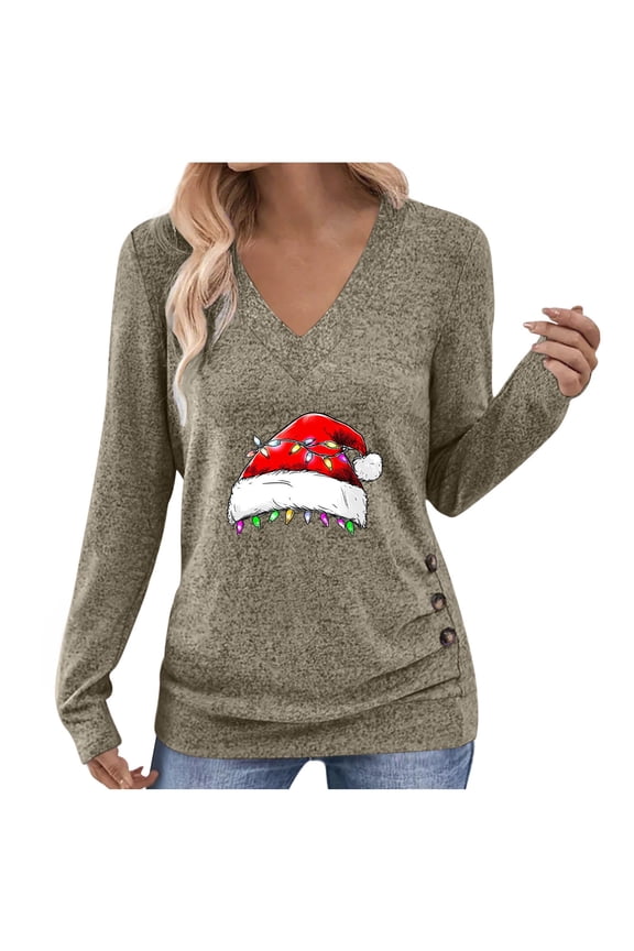 Women's Christmas Print Pullover, Long Sleeve Shirts for Women Casual Festive Holiday Tops