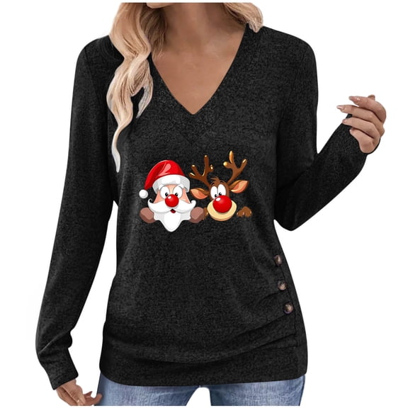 qucoqpe Women's Christmas Print Pullover, Long Sleeve Shirts for Women Casual Festive Holiday Tops